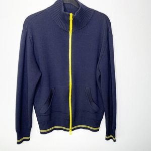 Hugo Boss Navy Wool Yellow Accent Full Double Zip Pocketed Cardigan Size L
